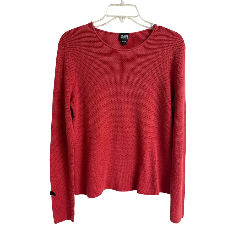Eileen Fisher Womens Red Textured Knit Long Sleeve Crew Neck Sweater Size M